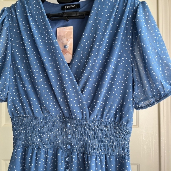 Fashion Blue V Neck Midi Sheer Lined Dress Elastic Waist Boho Chic, Size S - Picture 3 of 11